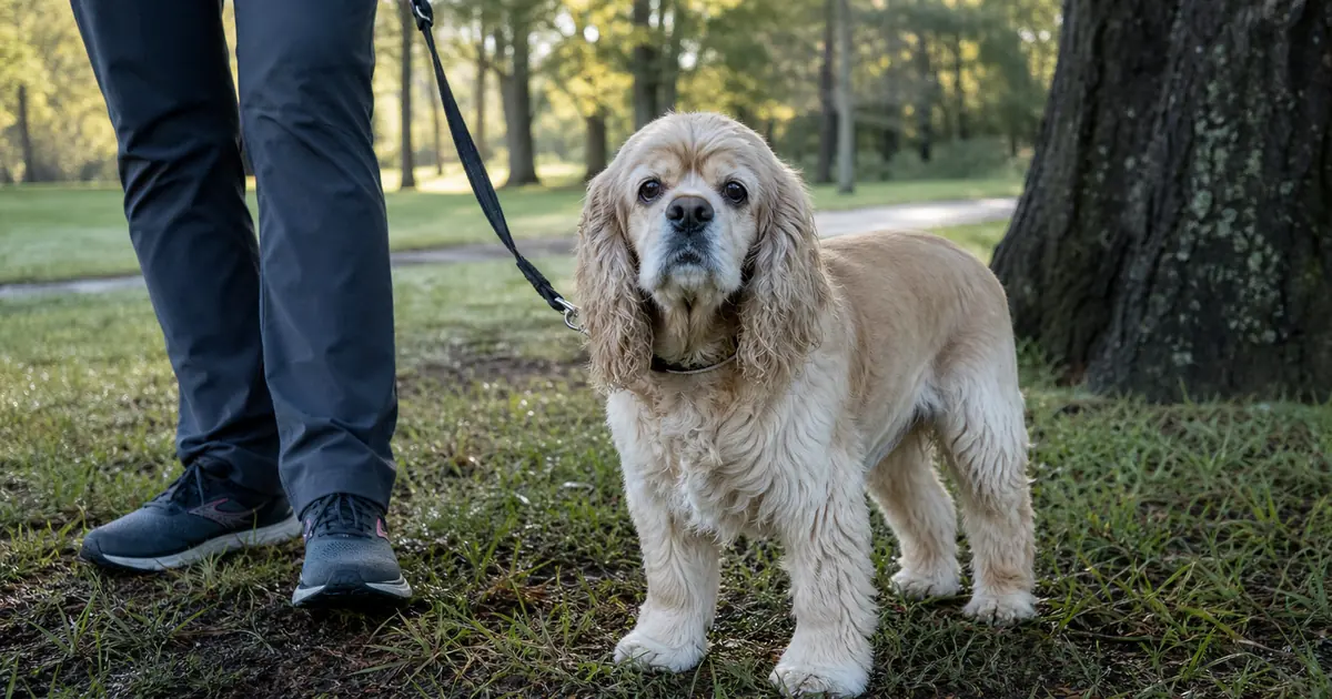 朝の公園で飼い主の横に立つバフカラーのアメリカン・コッカー・スパニエル。