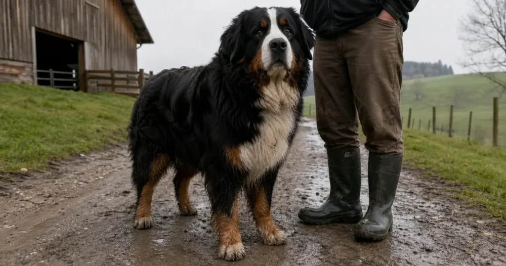 朝の農道で飼い主のそばに立つバーニーズ・マウンテン・ドッグ。