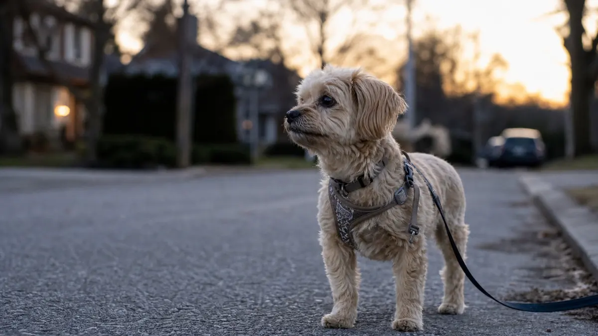 夕方の住宅街で遠くの人を見ながら飼い主の合図を待つチワプー。