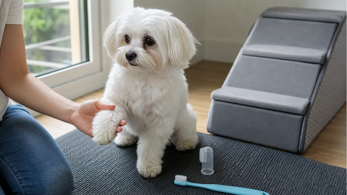 すべりにくいマットの上で前足を触られる練習をするマルチーズと犬用歯ブラシ。