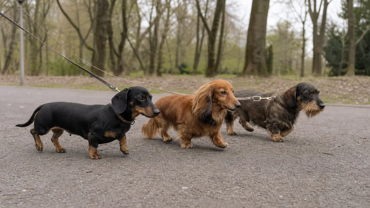 公園を歩く3種類の被毛タイプのミニチュア・ダックスフンド。