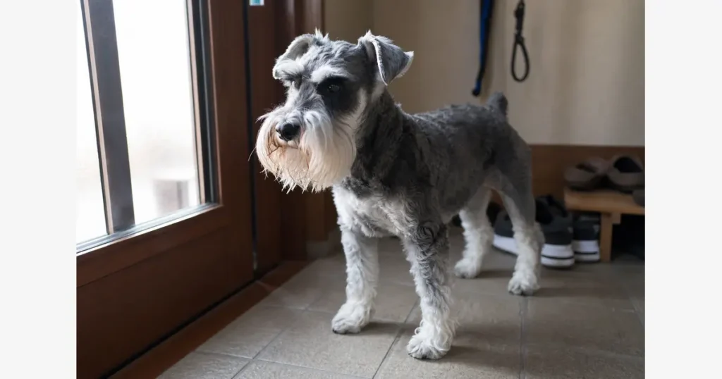 玄関の窓辺で外を見張るように立つミニチュア・シュナウザー。ひげと眉毛、番犬らしい警戒心がわかる。