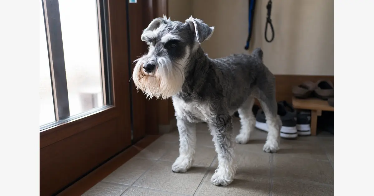 玄関の窓辺で外を見張るように立つミニチュア・シュナウザー。ひげと眉毛、番犬らしい警戒心がわかる。