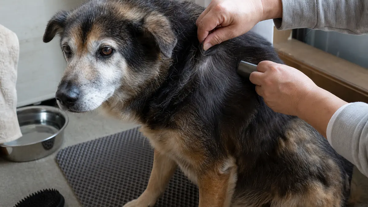 自宅で肩まわりの被毛と皮膚を確認してもらう年齢を重ねたMIX犬。