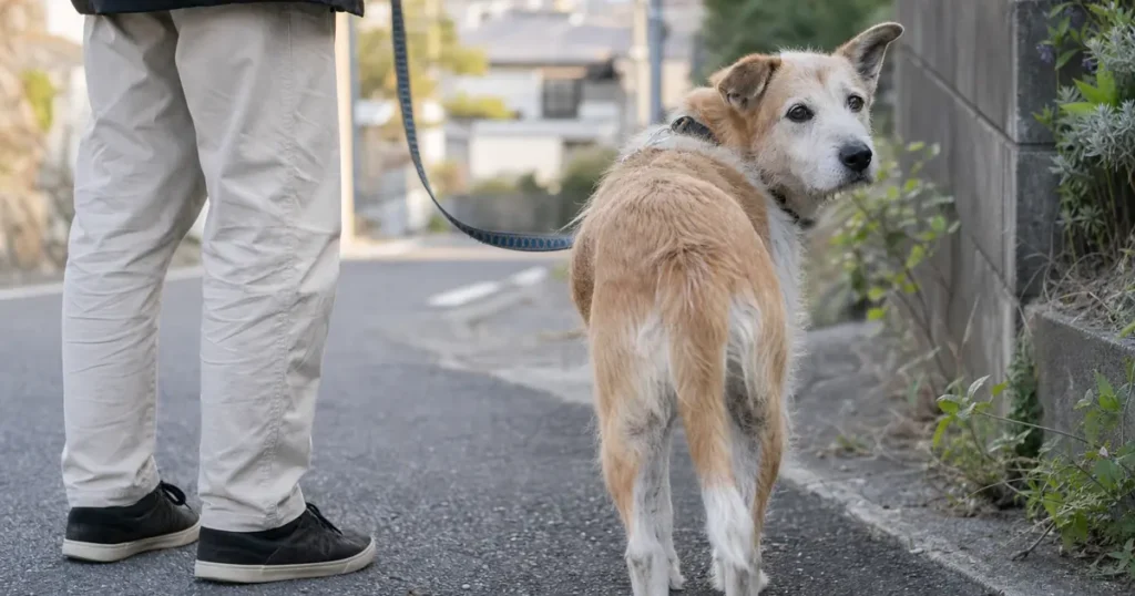 朝の住宅街の坂道で飼い主の横に立ち、振り返るMIX犬。