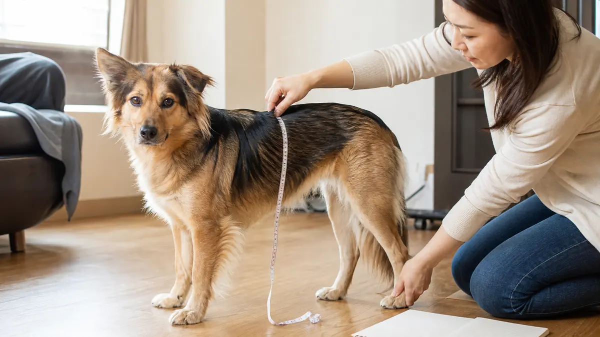 室内で飼い主が体型や足先をやさしく確認しているMIX犬。