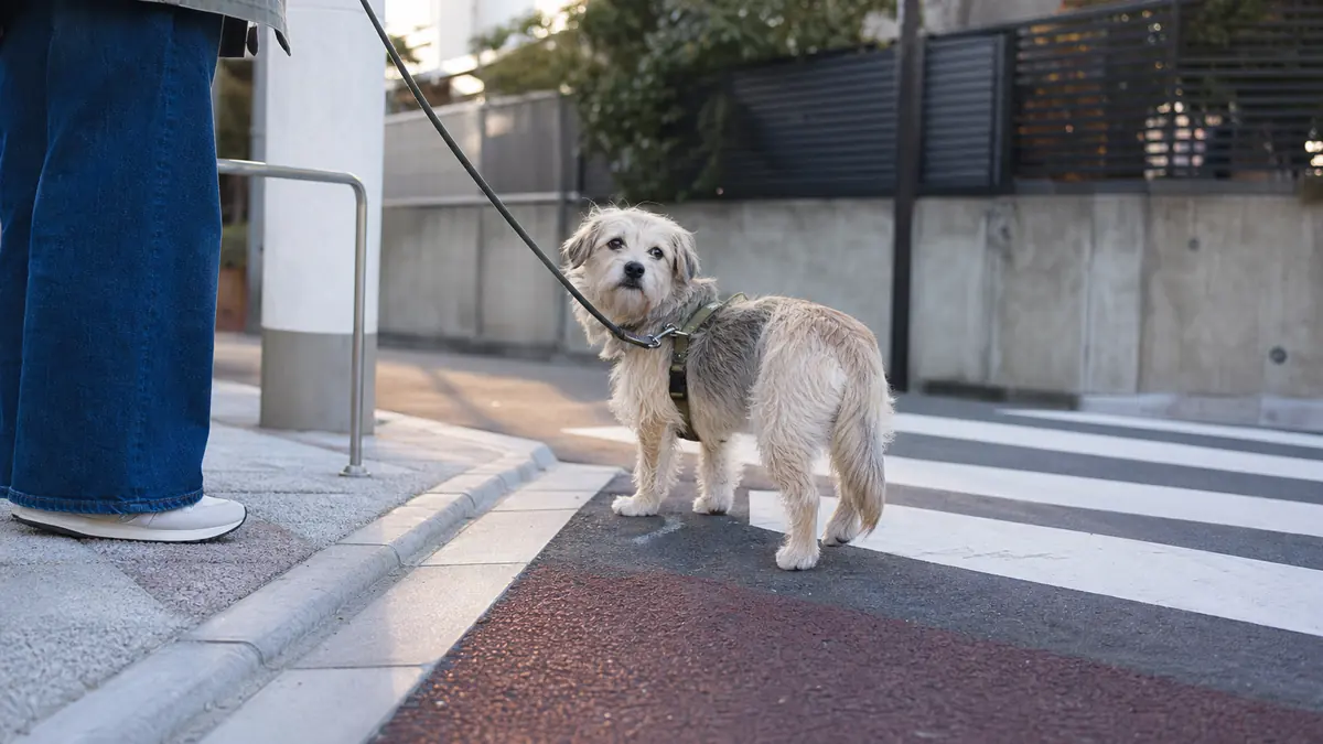 横断歩道の手前で飼い主の合図を待つ小型寄りのMIX犬。