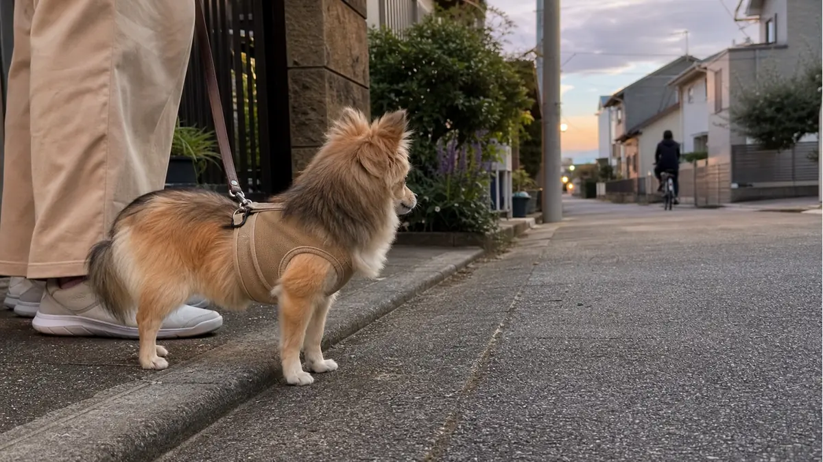 夕方の住宅街で遠くの自転車を落ち着いて観察するポメチワ。