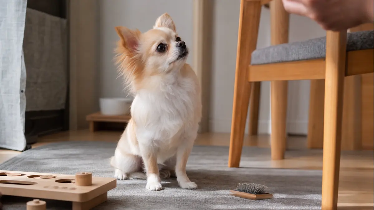 知育トイとブラシのそばで飼い主の手元を見るポメチワ。