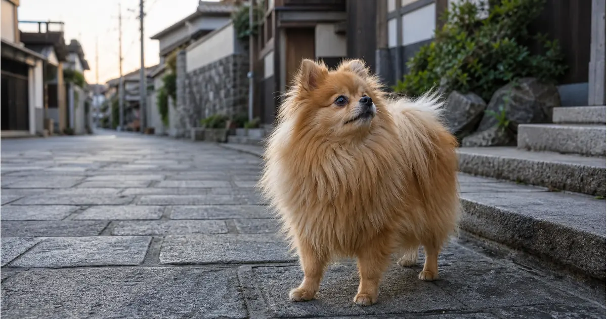 朝の住宅街で耳を立てて周囲を見守るオレンジセーブルのポメラニアン。