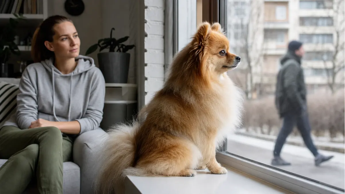 窓辺で外を観察するポメラニアンと、少し離れて見守る飼い主。