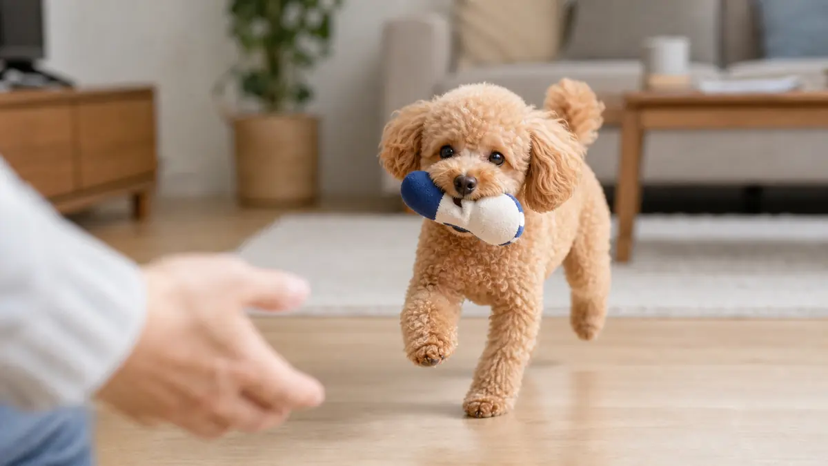 おもちゃをくわえて飼い主のもとへ戻るトイプードルの写真。回収犬としての本能を感じさせる場面。