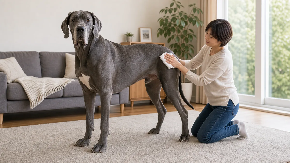 室内で短毛ケアを受けるグレート・デーン