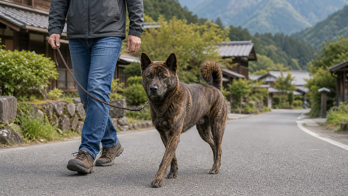 山里の道をゆるいリードで歩く甲斐犬