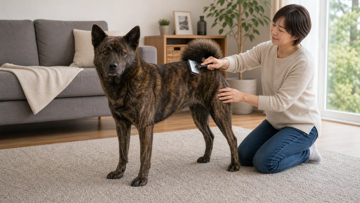室内で換毛期のブラッシングを受ける甲斐犬