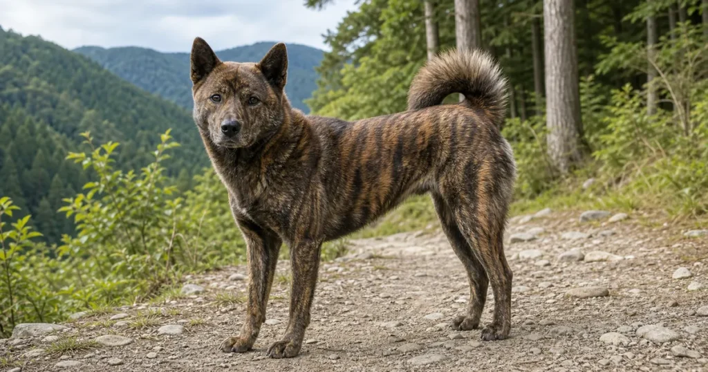 山道で穏やかに立つ虎毛の甲斐犬