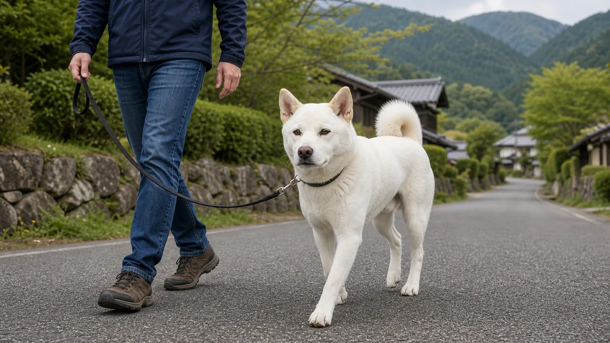 山里の道をゆるいリードで歩く白い紀州犬
