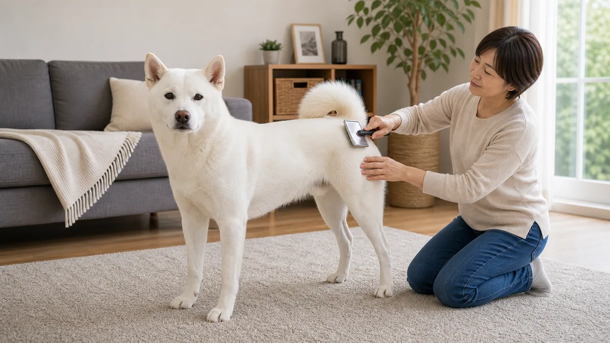 室内で換毛期のブラッシングを受ける紀州犬