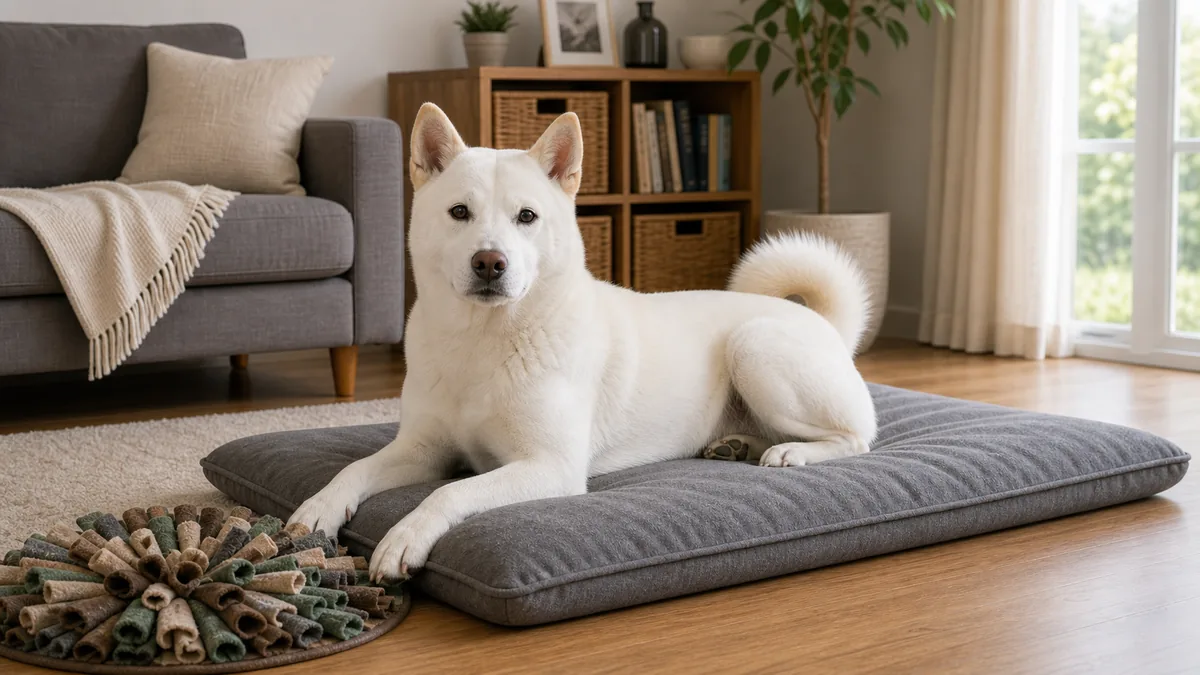 嗅覚遊びのあと室内で休む紀州犬