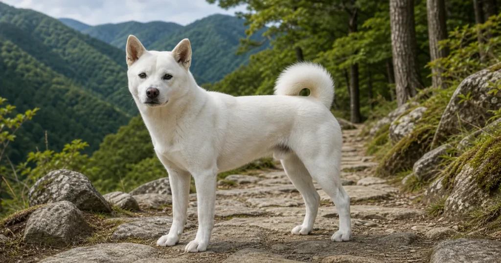 紀伊半島の山道で穏やかに立つ白い紀州犬