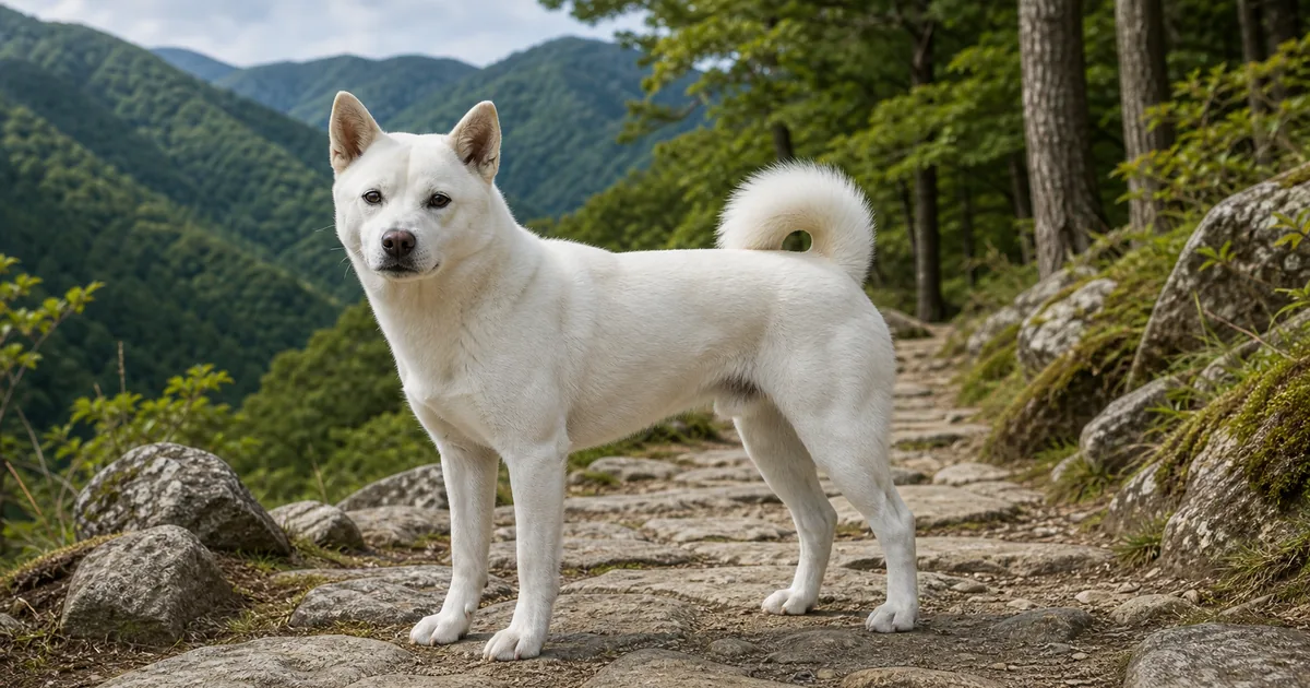 紀伊半島の山道で穏やかに立つ白い紀州犬