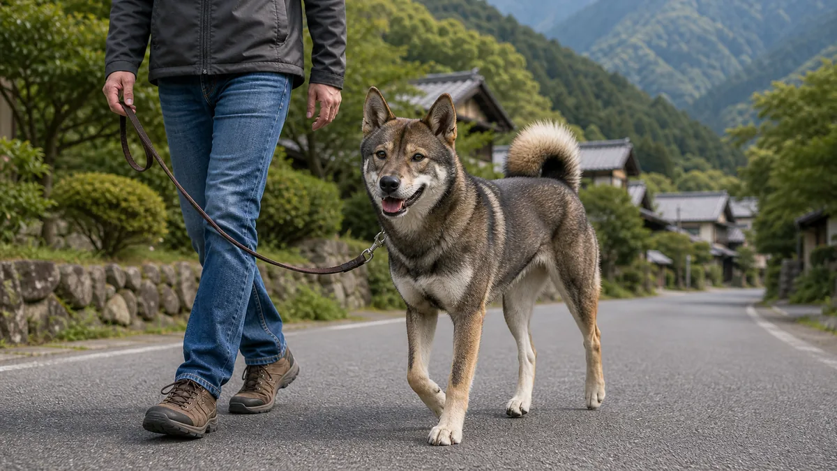 山里の道をゆるいリードで歩く四国犬