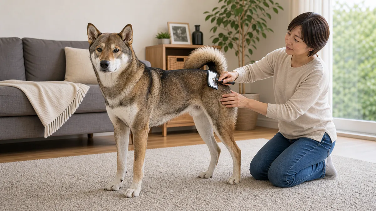 室内で換毛期のブラッシングを受ける四国犬