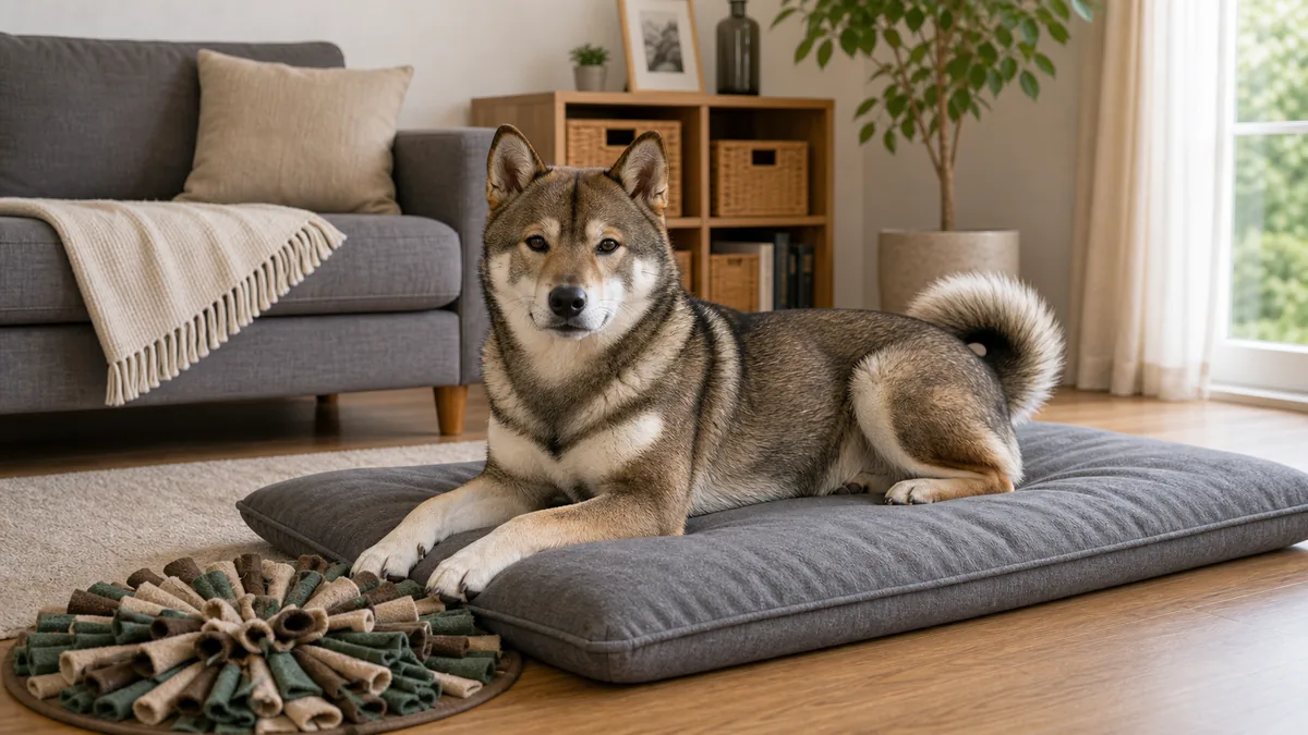嗅覚遊びのあと室内で休む四国犬