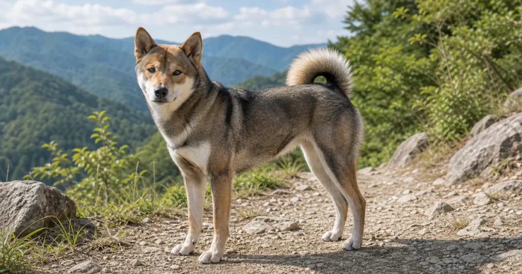 四国の山道で穏やかに立つ胡麻色の四国犬