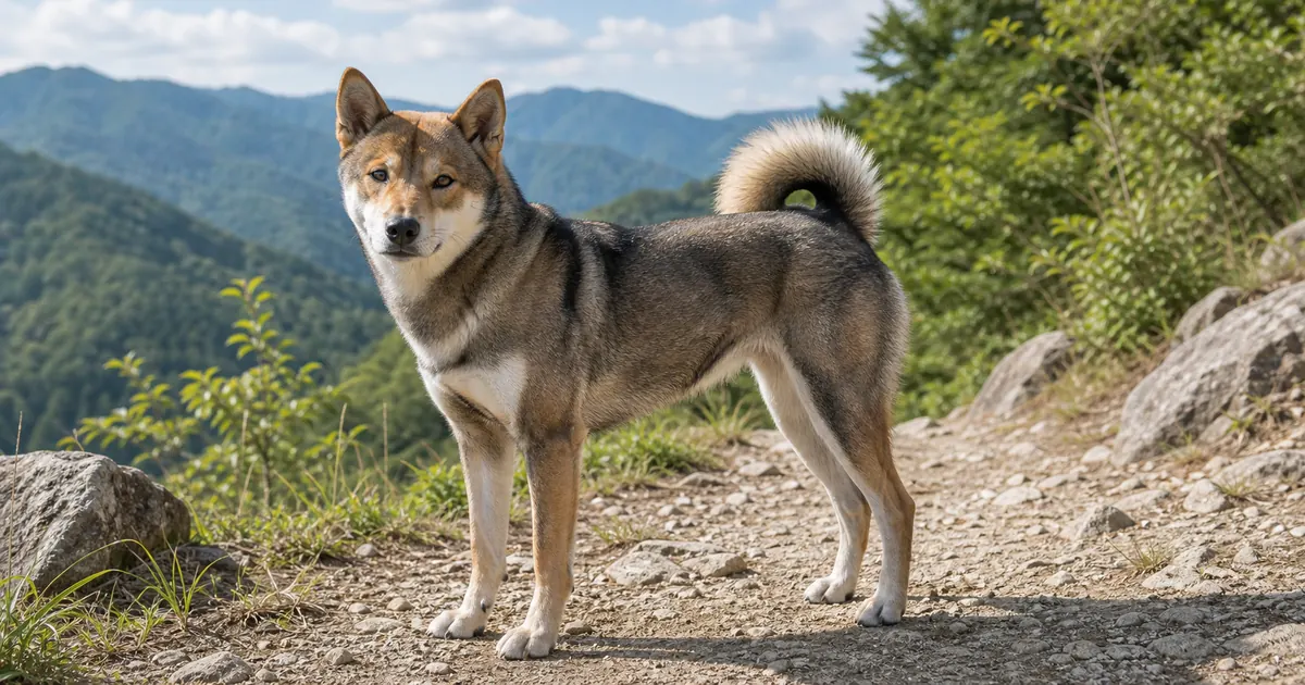 四国の山道で穏やかに立つ胡麻色の四国犬