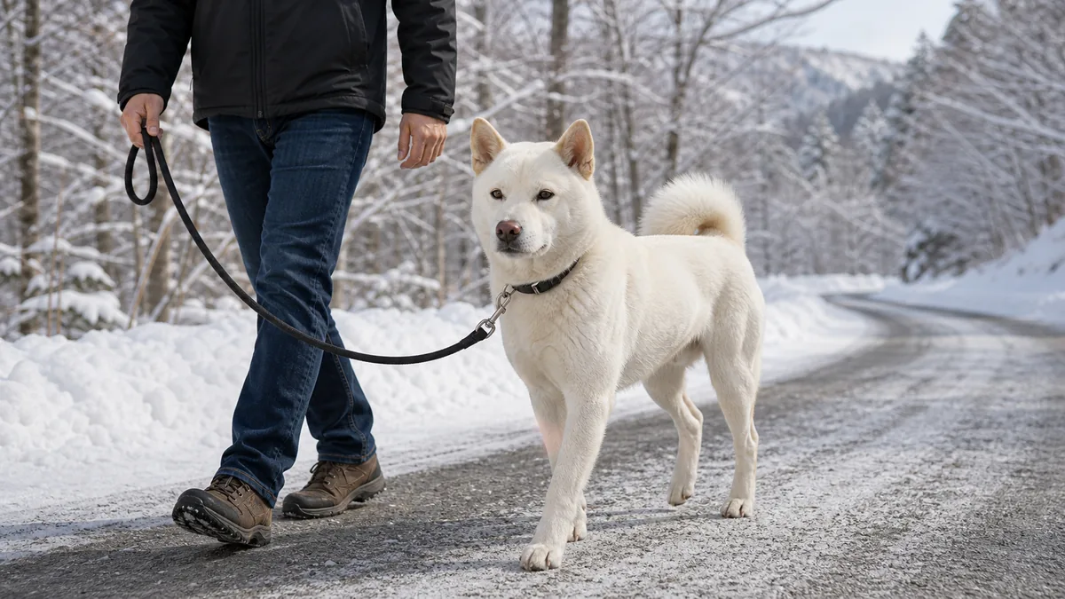冬の道をゆるいリードで歩く北海道犬