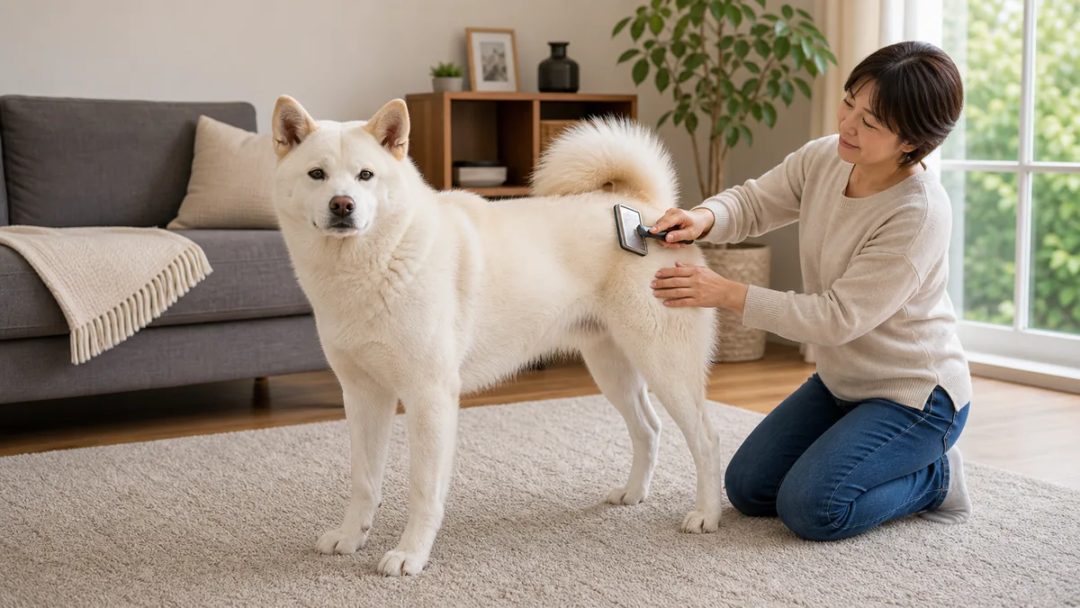 室内で換毛期のブラッシングを受ける北海道犬