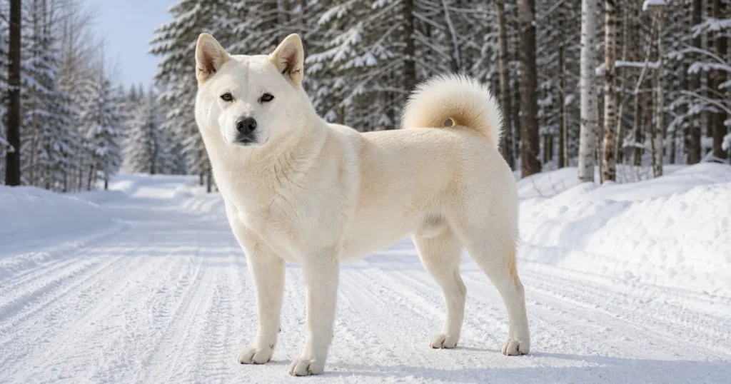 雪の林道で穏やかに立つ北海道犬