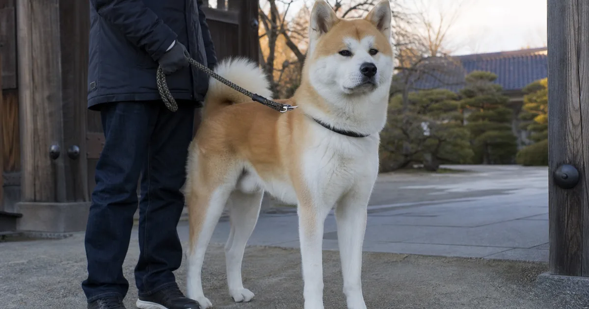 公園で飼い主の横に落ち着いて立つ秋田犬