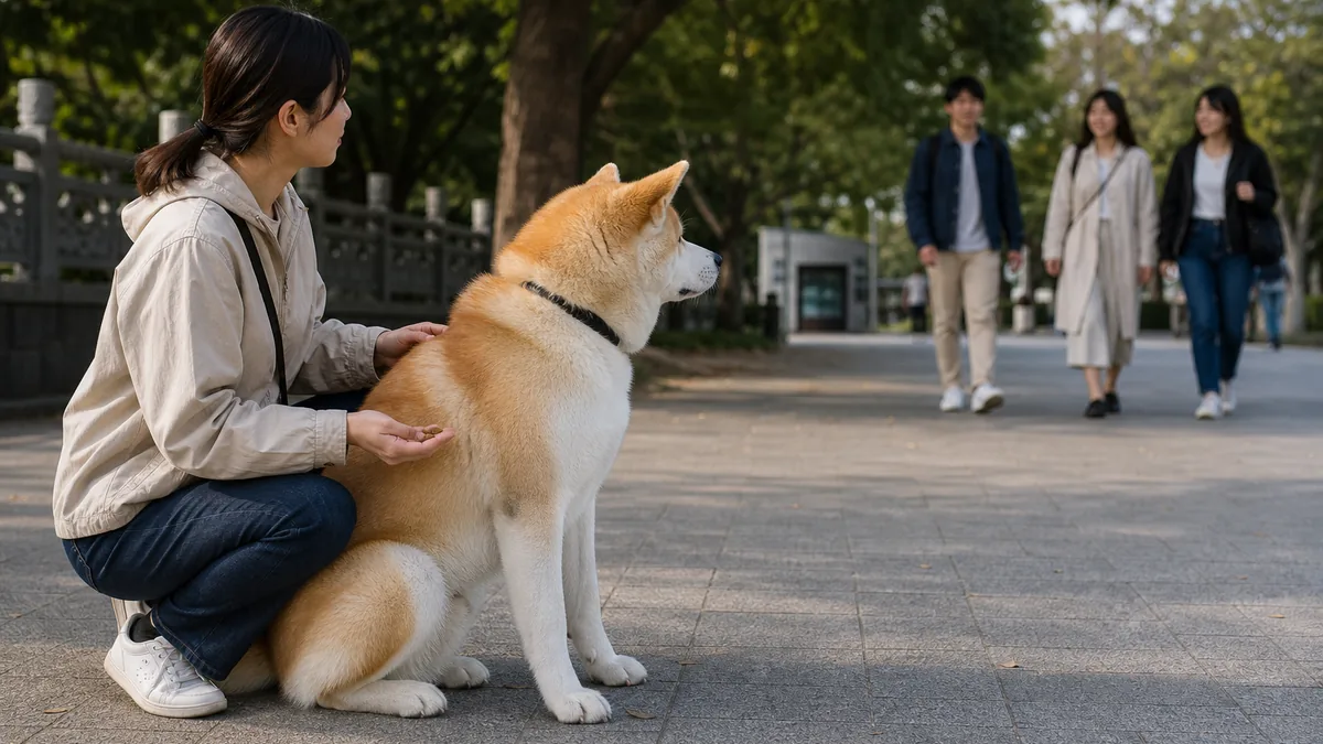 来客を離れた場所から落ち着いて観察する秋田犬