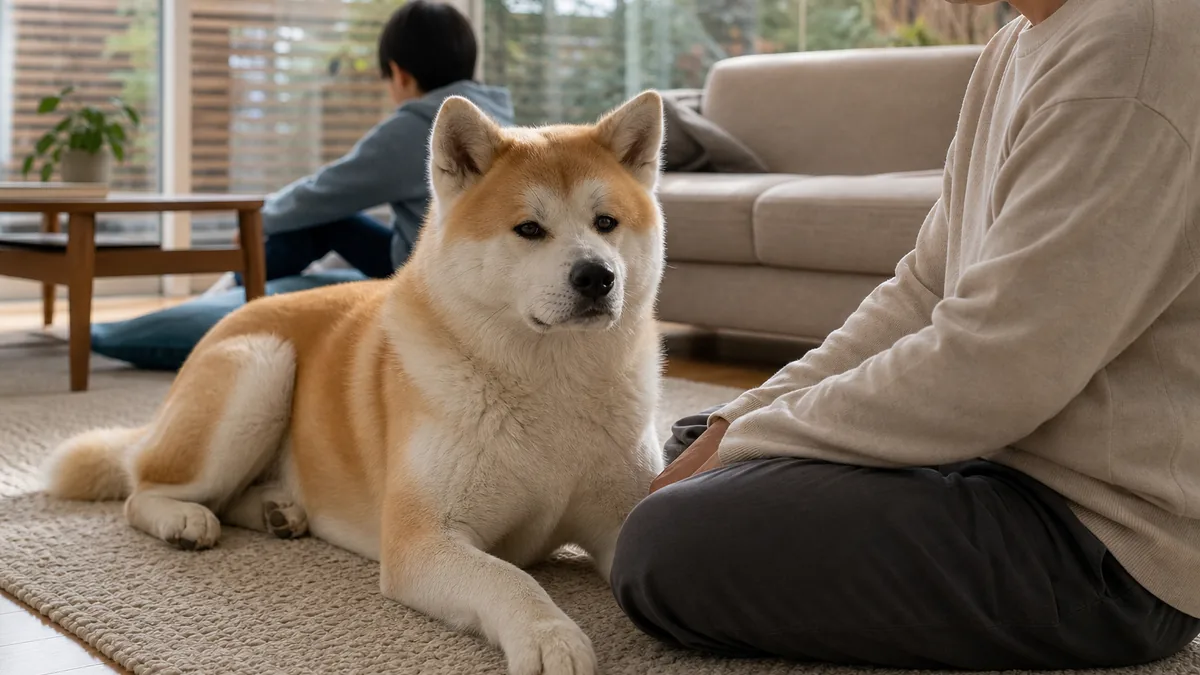 家族の近くで穏やかに休む秋田犬