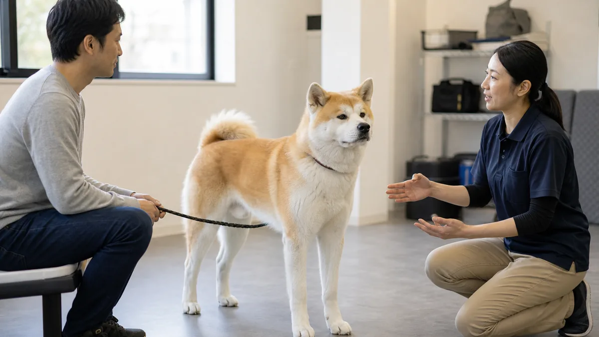 トレーナーと飼い主のそばで落ち着く秋田犬