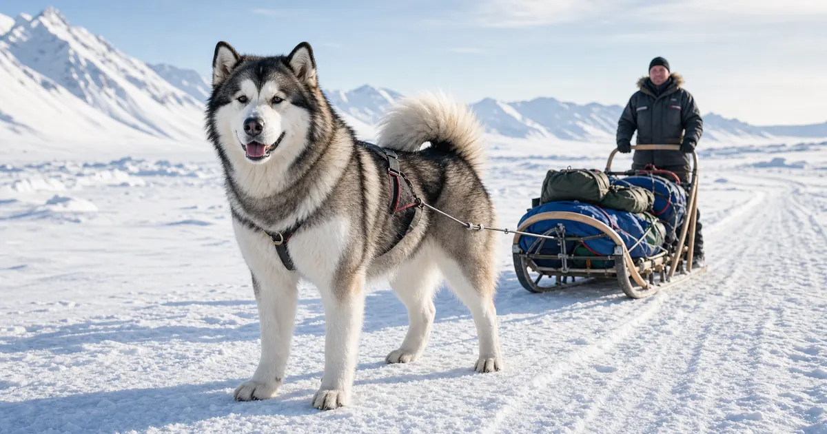 雪原で荷そりのそばに立つアラスカン・マラミュート
