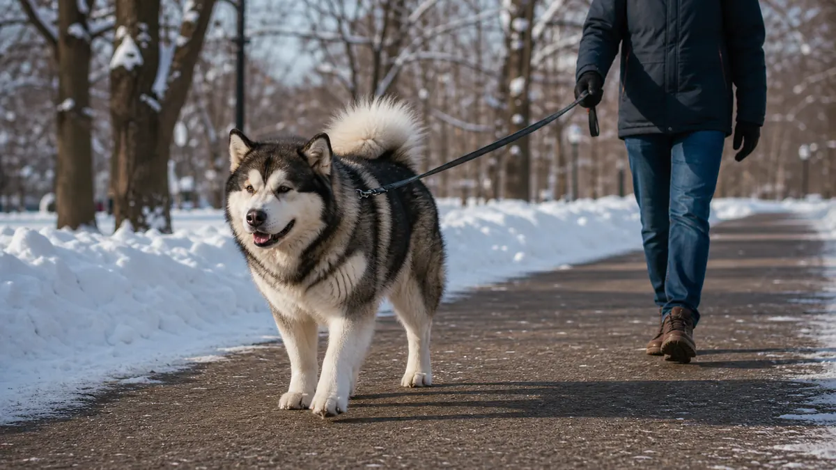 雪の公園をゆるいリードで歩くアラスカン・マラミュート