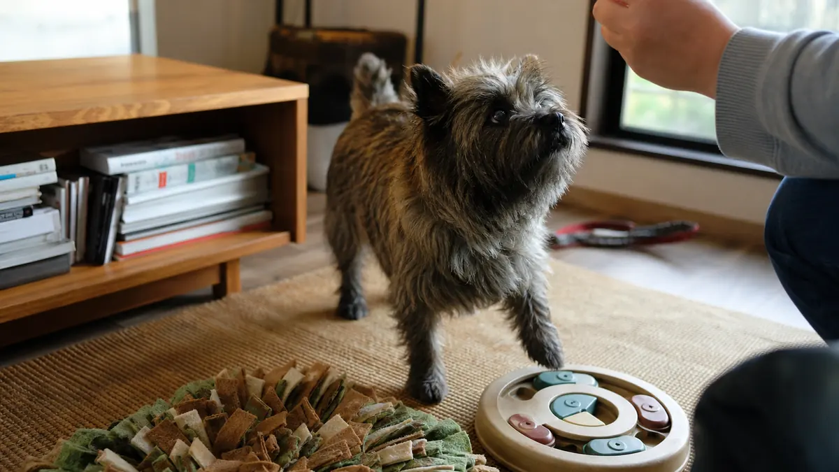 スナッフルマットと知育トイの前で飼い主の合図を見るケアーン・テリア。