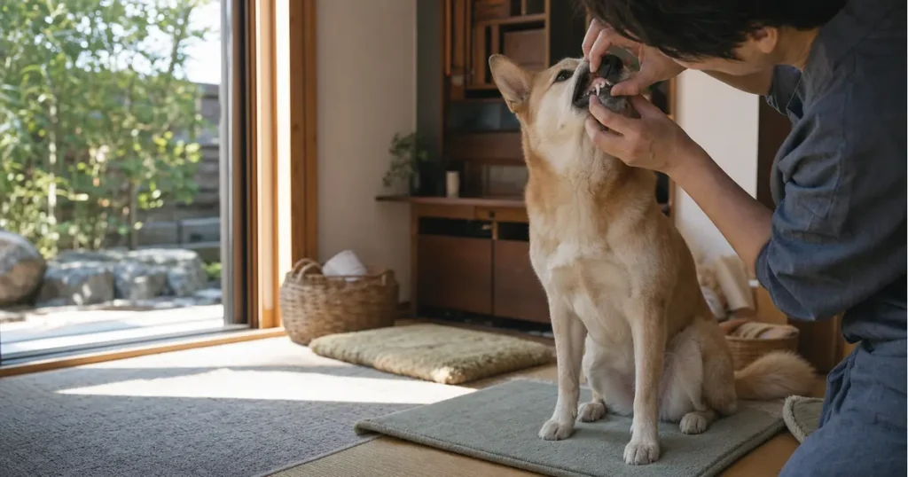 犬の口臭が強いときに飼い主が明るい室内で歯ぐきと歯を確認している様子