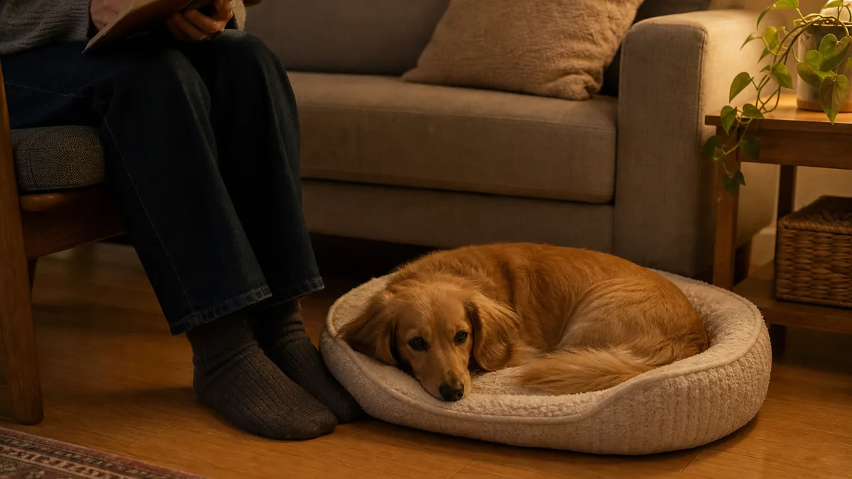 飼い主の足元近くのベッドで眠る犬