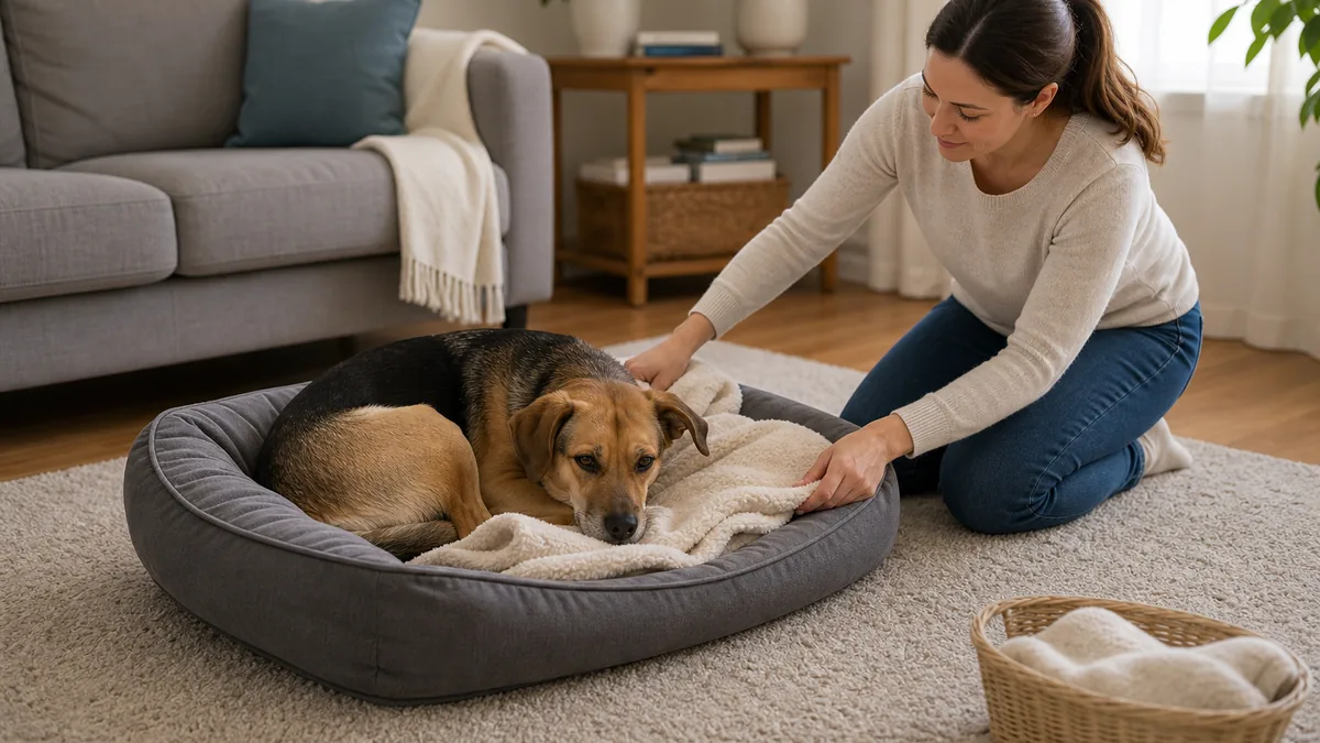 飼い主のにおいがついた布を犬用ベッドに入れて休ませる様子