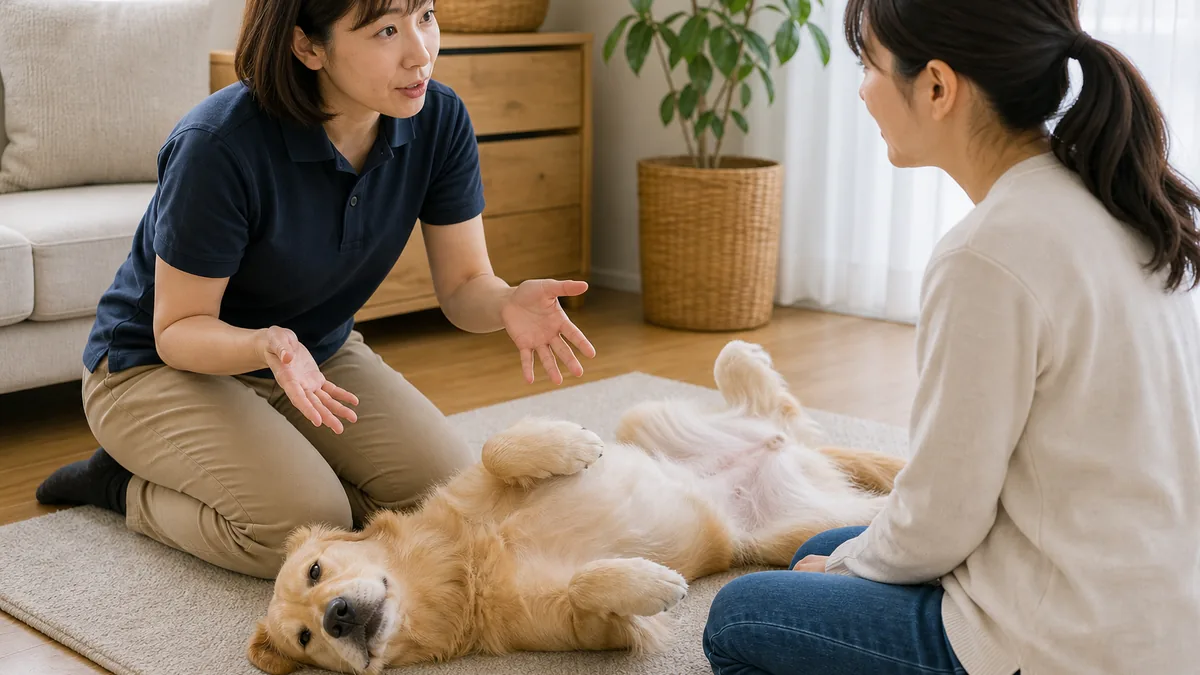 お腹を見せる行動の見分け方を専門家に相談する犬と飼い主