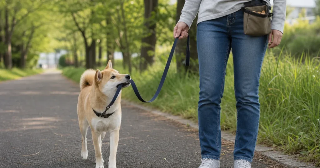 散歩中にリードを軽くくわえる犬