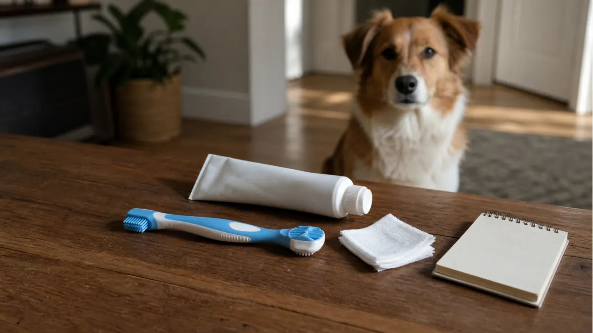 犬の口臭ケア用品と記録ノートを並べて日常管理を準備している様子