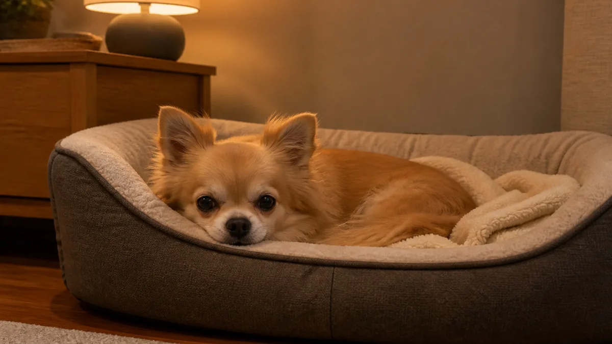 寝床を整えたあと落ち着いて休む犬