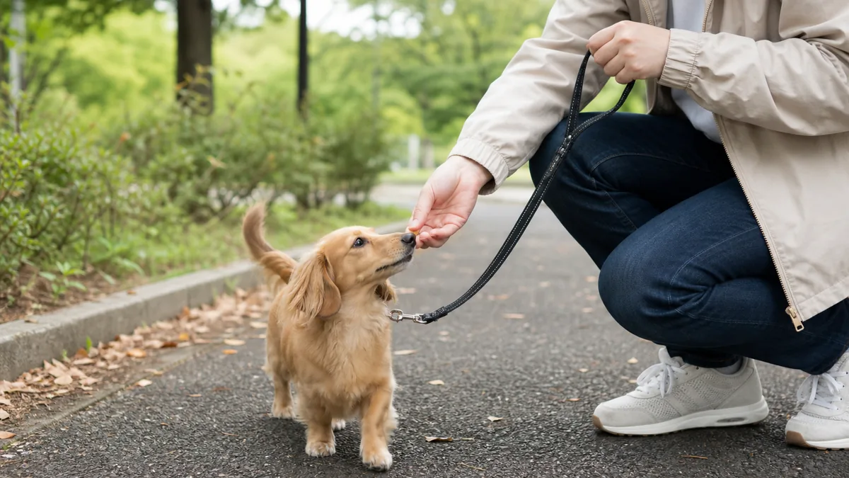 トイレ後に落ち着いて歩く犬を褒める飼い主