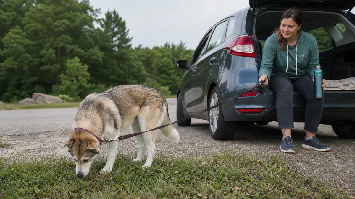 短い車移動のあと休憩する犬と飼い主