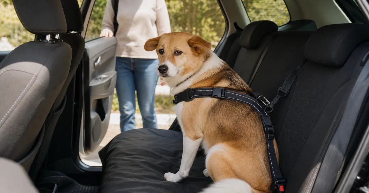 車の後部座席で安全に座る少し不安そうな犬